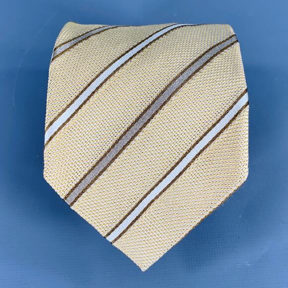 ERMENEGILDO ZEGNA Yellow Taupe Diagonal Stripe Textured Silk Tie - Picture 1 of 5